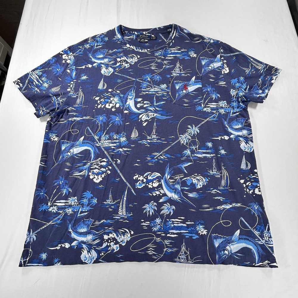 Polo Ralph Lauren Classic Fit XL Hawaiian All Over Print Tee Shirt Men's Marlin